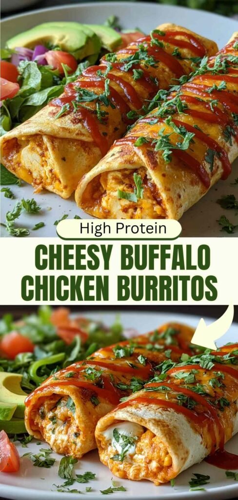 High protein low calorie cheesy buffalo chicken burritos cut in half revealing the creamy buffalo chicken and cheese filling, ready to serve