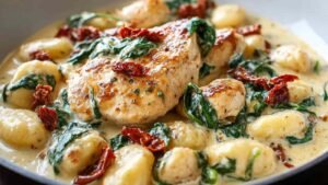 Creamy chicken and gnocchi in large skillet with golden chicken pieces and pillowy gnocchi in rich cream sauce