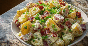 Steakhouse potato salad in large bowl showing creamy texture with bacon and chives