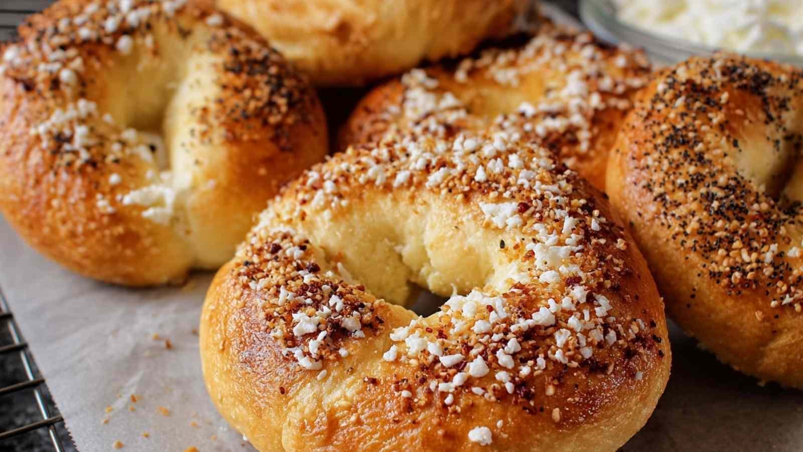 High protein cottage cheese bagels golden brown from oven with everything seasoning on top