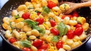 Gnocchi with vegetables cooking in large skillet showing corn, cherry tomatoes, and golden gnocchi
