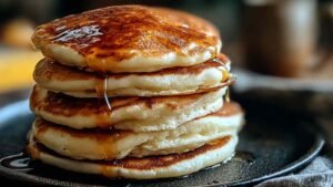 Stack of fluffy Greek yogurt pancakes topped with fresh berries and maple syrup
