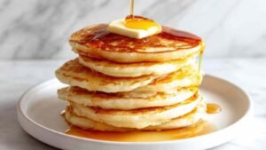 Stack of fluffy Greek yogurt pancakes with melted butter on top showing perfect golden texture