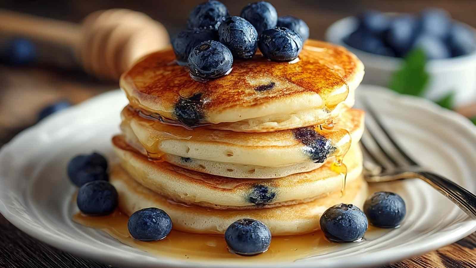 Greek yogurt pancakes with blueberries stacked on plate with maple syrup and fresh berries
