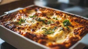 High protein lasagna slice showing layers of turkey, cheese, and spinach