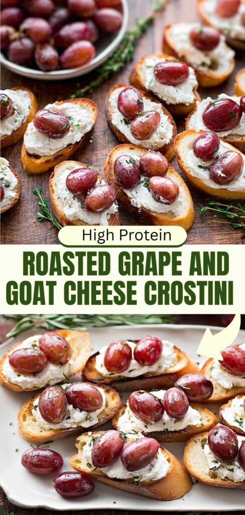Roasted grape and goat cheese crostini arranged on serving platter with wine glasses