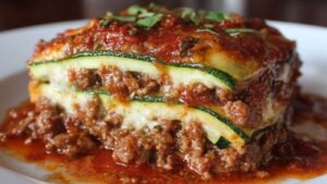 Keto zucchini lasagna slice showing layered zucchini, meat sauce, and melted cheese