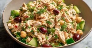 Mediterranean chickpea chicken salad with sun dried tomatoes in white serving bowl showing colorful ingredients