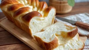 Cottage cheese cloud bread sliced on wooden cutting board showing fluffy interior texture