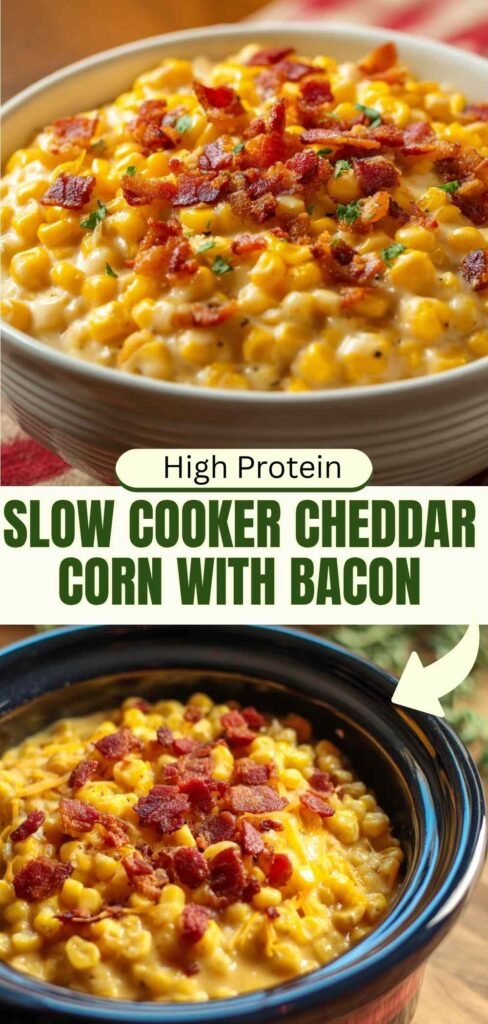 Rich in Protein Slow Cooker Cheddar Corn with Bacon - Comfort Food 
