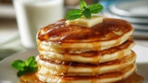 Stack of fluffy cottage cheese almond flour pancakes with butter and syrup on white plate
