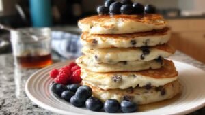 Fluffy high-protein Greek yogurt pancakes stacked on plate with butter and syrup