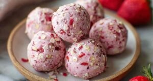 Strawberry cheesecake protein balls arranged on white plate showing pink color and round shapeStrawberry cheesecake protein balls arranged on white plate showing pink color and round shape