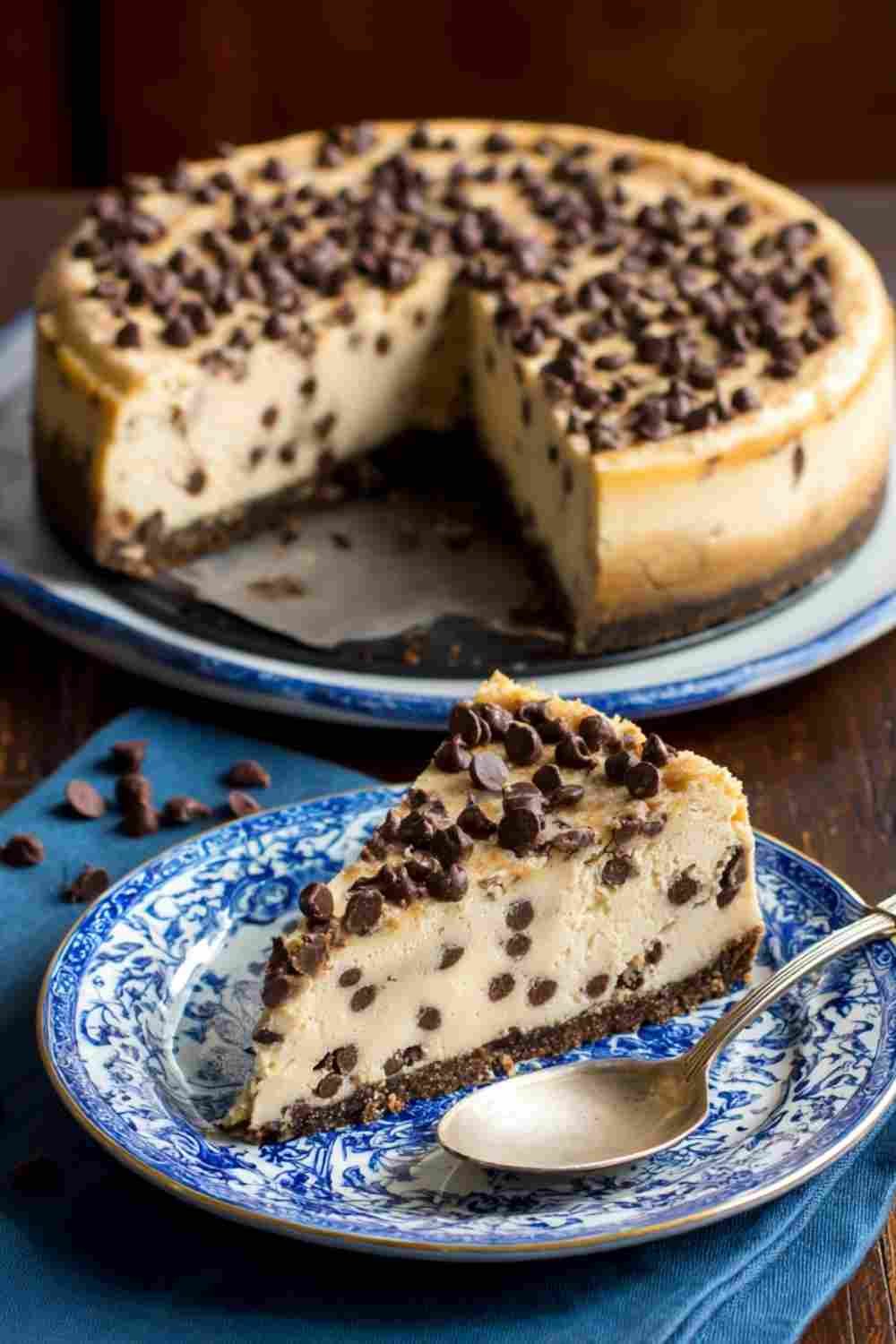 Protein cheesecake sliced on white plate showing creamy texture and graham cracker crust