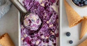 Blueberry cheesecake cottage cheese ice cream scooped in bowl showing creamy texture with blueberry swirl and graham