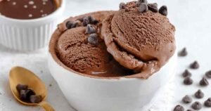 Chocolate cottage cheese ice cream scooped in bowl showing creamy chocolate texture