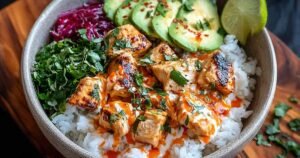 Coconut chicken rice bowl with creamy sauce served over jasmine rice with fresh cilantro garnish