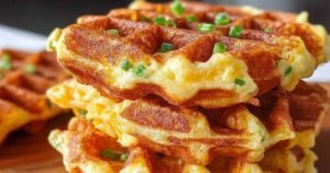 Savory breakfast waffles made from hash browns showing golden crispy texture on white plate