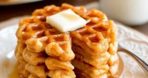 Stack of golden easy protein waffles with syrup showing fluffy texture