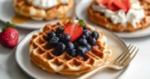 Cottage cheese protein waffles on white plate showing golden crispy texture