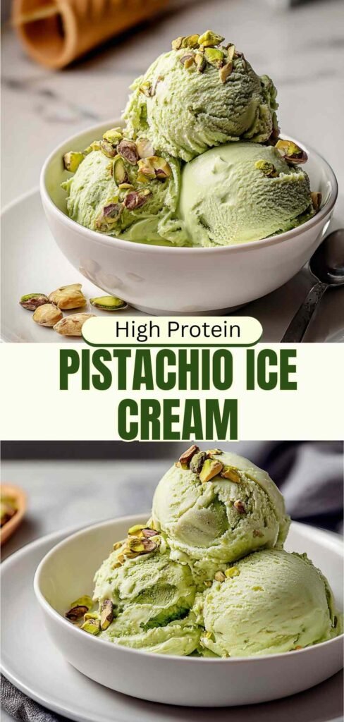 High-protein pistachio ice cream served in white bowl topped with chopped pistachios and honey drizzle