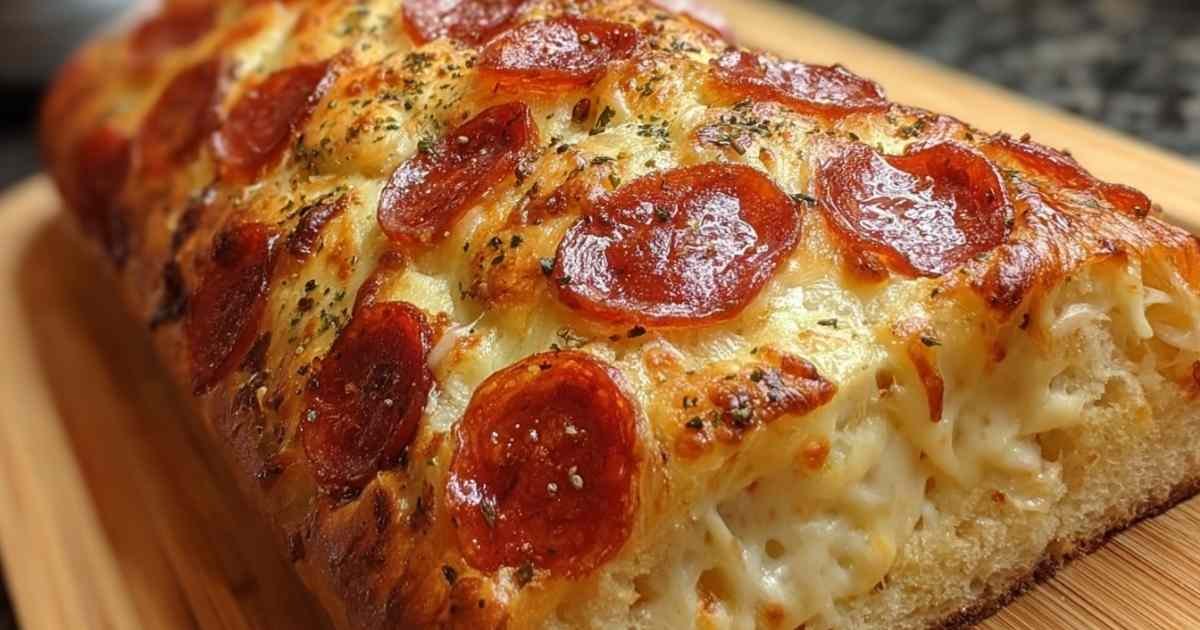 Sliced pepperoni bread recipe showing melted cheese and pepperoni pieces throughout