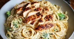 Skinny chicken broccoli Alfredo in large skillet showing creamy sauce coating pasta and vegetables