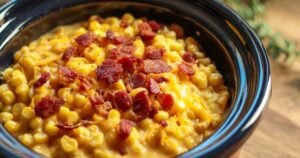 Slow Cooker Cheddar Corn with Bacon in slow cooker showing creamy texture with bacon pieces
