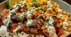 Street Corn Chicken Rice Bowl with seasoned chicken, corn, avocado and cheese in white bowl