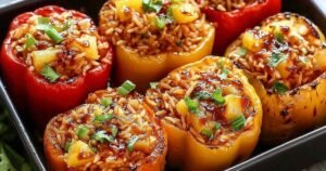 Teriyaki chicken stuffed peppers in colorful bell peppers topped with melted cheese in baking dish