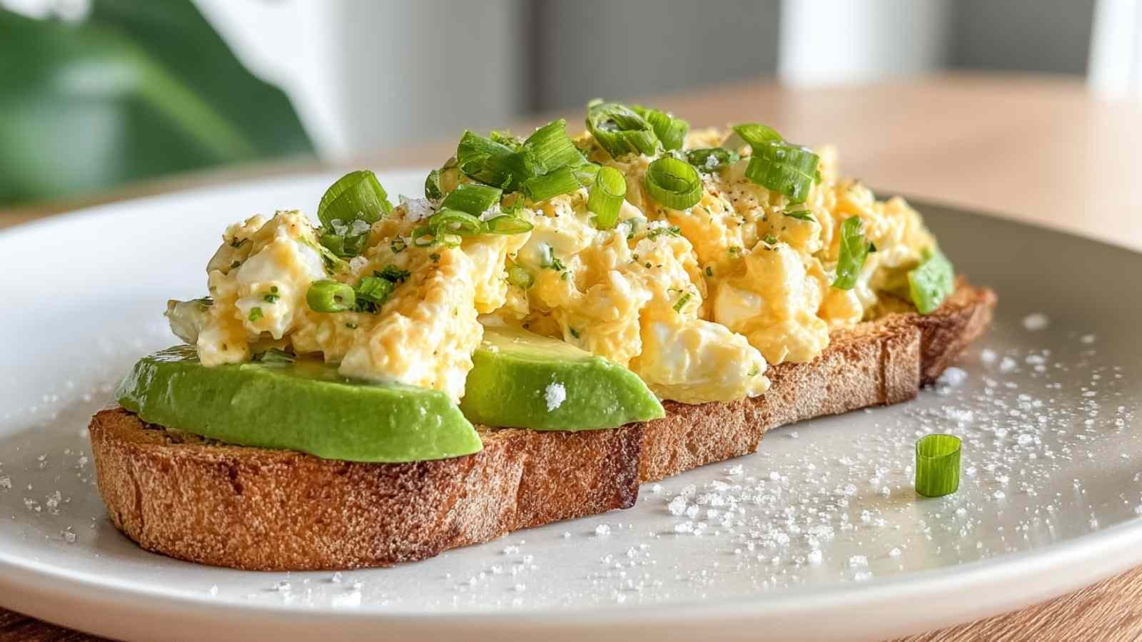 Cottage cheese egg salad served on toasted sourdough with fresh avocado slices, showing creamy texture