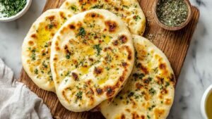 Golden cottage cheese flatbread on baking sheet fresh from oven