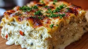 Golden baked vegetable lasagna white sauce with melted cheese and herbs