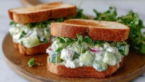 Easy cucumber salad sandwiches with yogurt and feta on whole grain bread