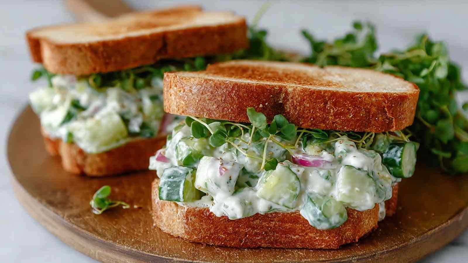 Easy cucumber salad sandwiches with yogurt and feta on whole grain bread