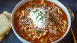 Easy Lasagna Soup Recipe served in bowl with ricotta cheese and parmesan toppings