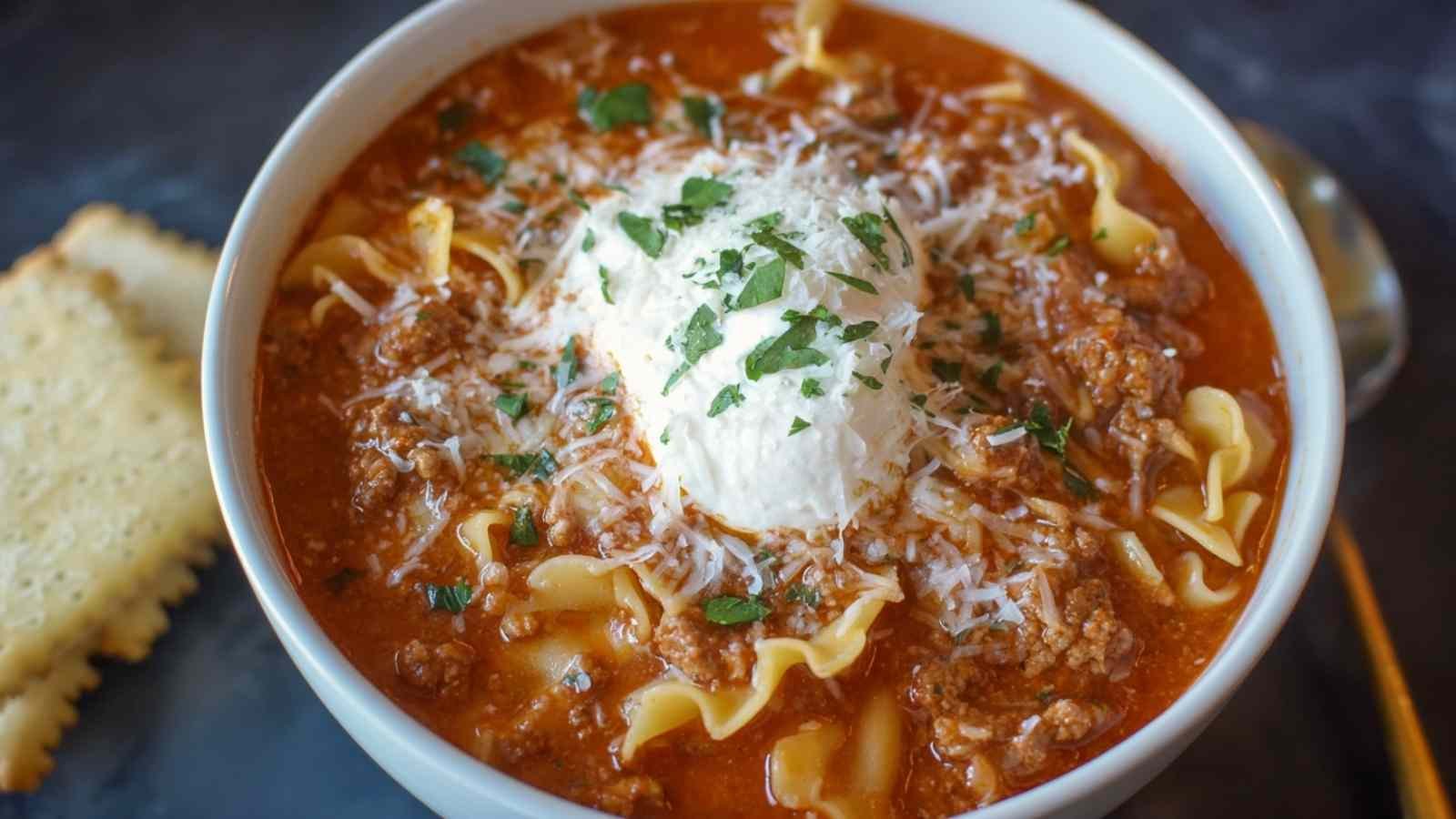 Easy Lasagna Soup Recipe served in bowl with ricotta cheese and parmesan toppings