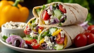 Sliced Mediterranean Veggie Wraps on white plate showing colorful vegetable filling and whole wheat tortilla
