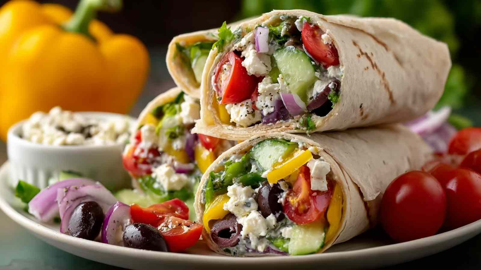 Sliced Mediterranean Veggie Wraps on white plate showing colorful vegetable filling and whole wheat tortilla