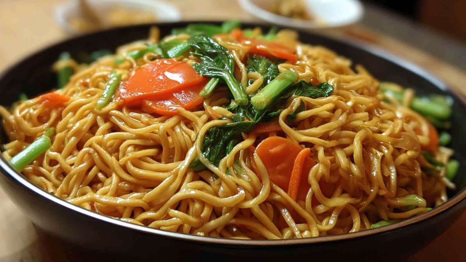 Easy Lo Mein recipe cooking in wok with colorful vegetables and noodles being stir-fried