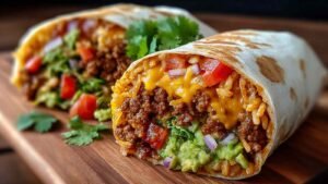 10-minute vegan burrito wraps filled with black beans and avocado on white plate