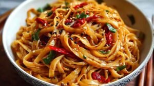 Spicy chili garlic noodles garnished with green onions and sesame seeds in a white bowl