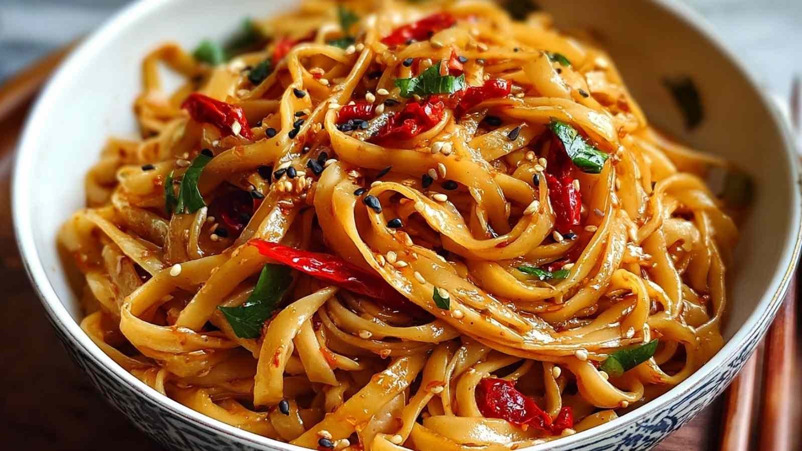 Spicy chili garlic noodles garnished with green onions and sesame seeds in a white bowl