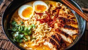 Fiery chicken ramen bowl topped with soft-boiled egg, green onions, and sesame seeds