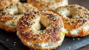 Golden brown Greek yogurt bagels cooling on wire rack showing perfect texture