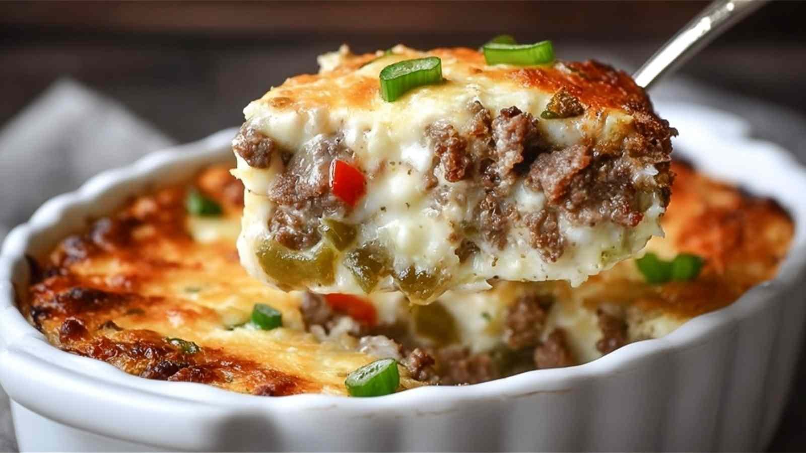 Low Carb Philly Cheesesteak Casserole with melted cheese and ground beef in baking dish
