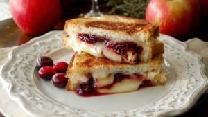Golden brown Brie Apple Cranberry Grilled Cheese sandwich cut in half showing melted cheese .