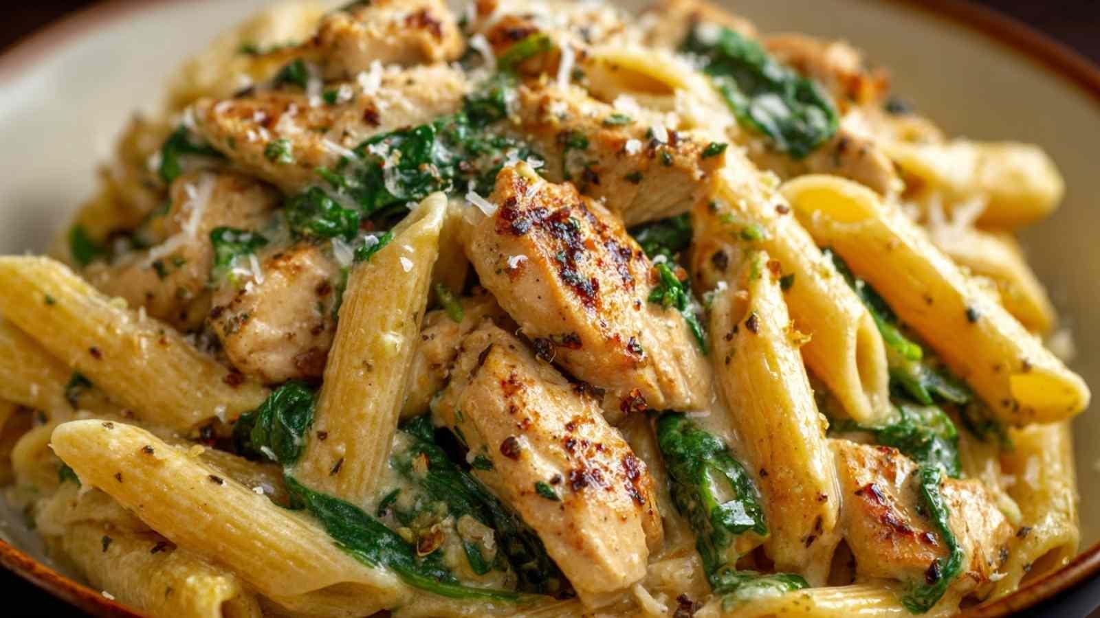 Healthy Garlic Parmesan Chicken Pasta served in white bowl with fresh parsley