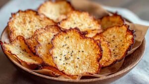 1 ingredient keto cottage cheese chips golden and crispy on parchment lined baking sheet