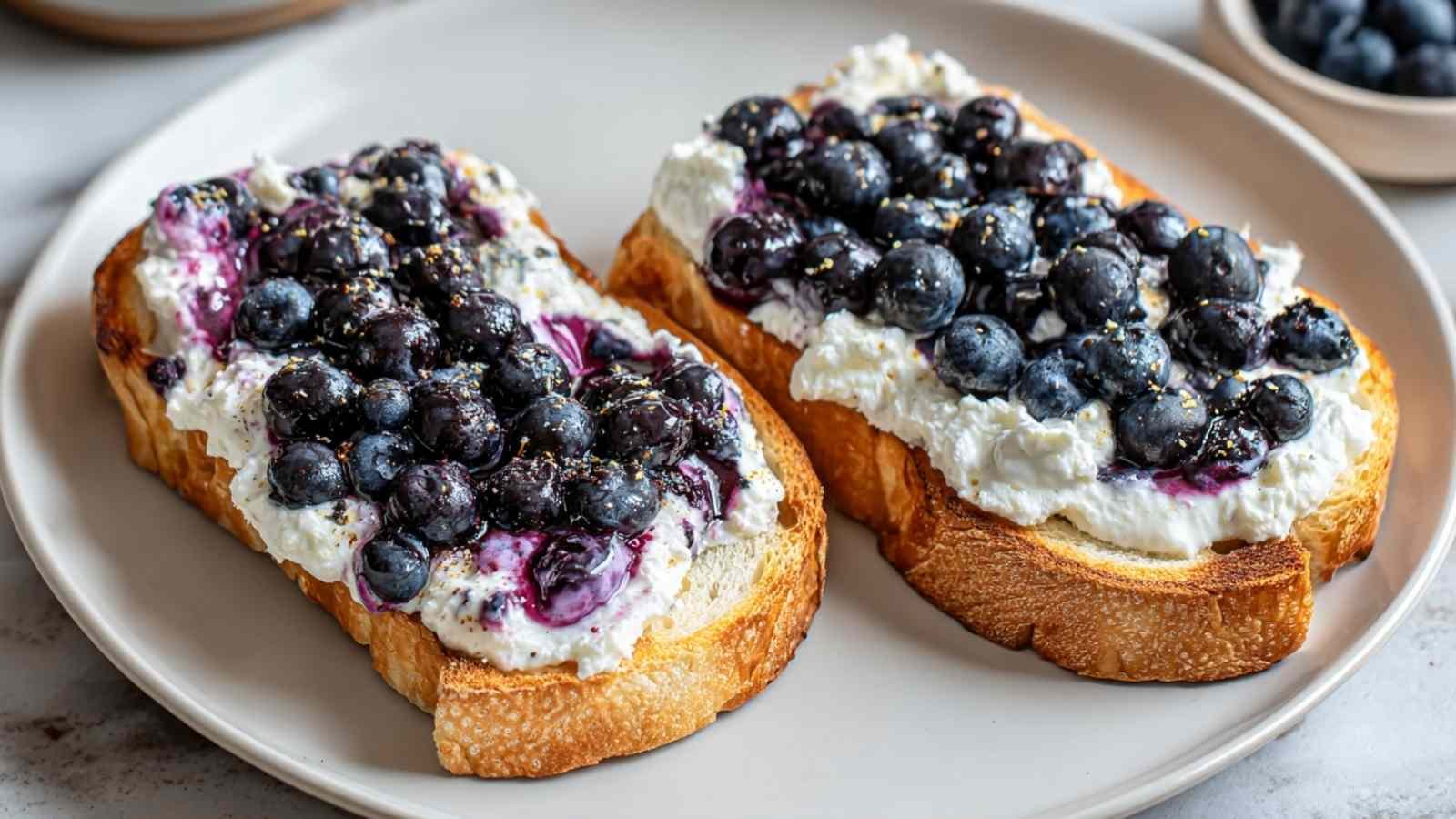 Air fryer blueberry cottage cheese toast on white plate with golden crispy edges and fresh blueberries